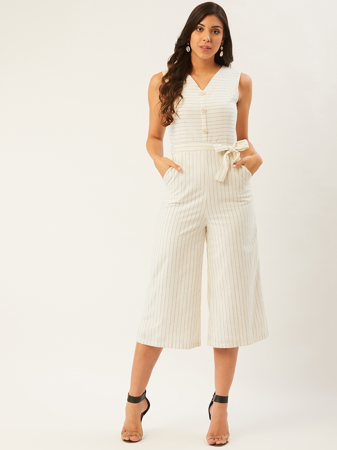 

Madame Women Off-White & Black Striped Culotte Jumpsuit