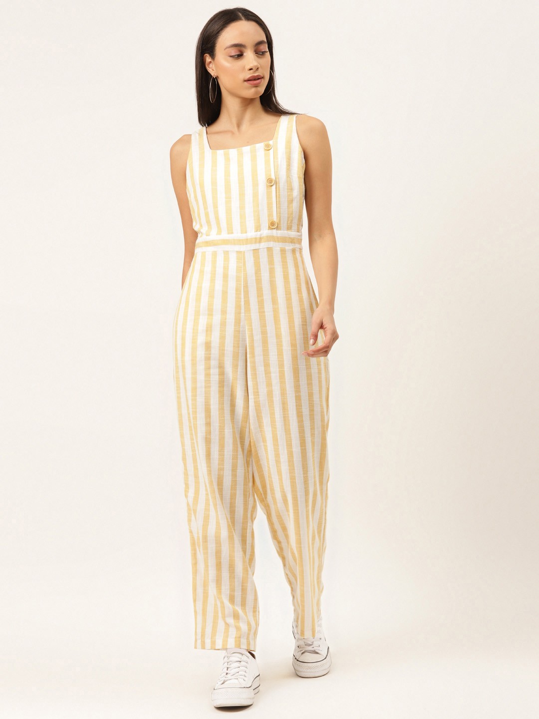 

Madame Women Off-White & Yellow Striped Smocked Back Basic Jumpsuit