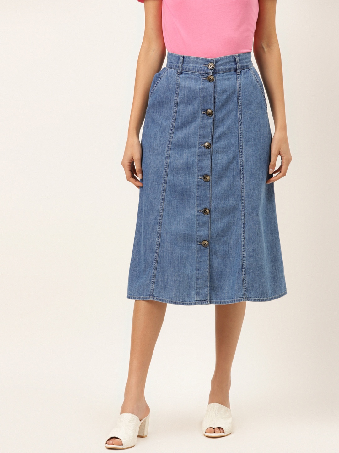 

Madame Women Blue Washed Pure Cotton Denim A-Line Skirt