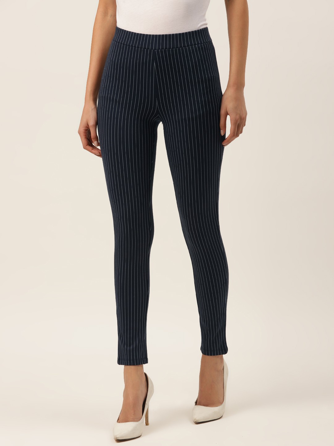

Madame Women Navy Blue & White Striped Treggings