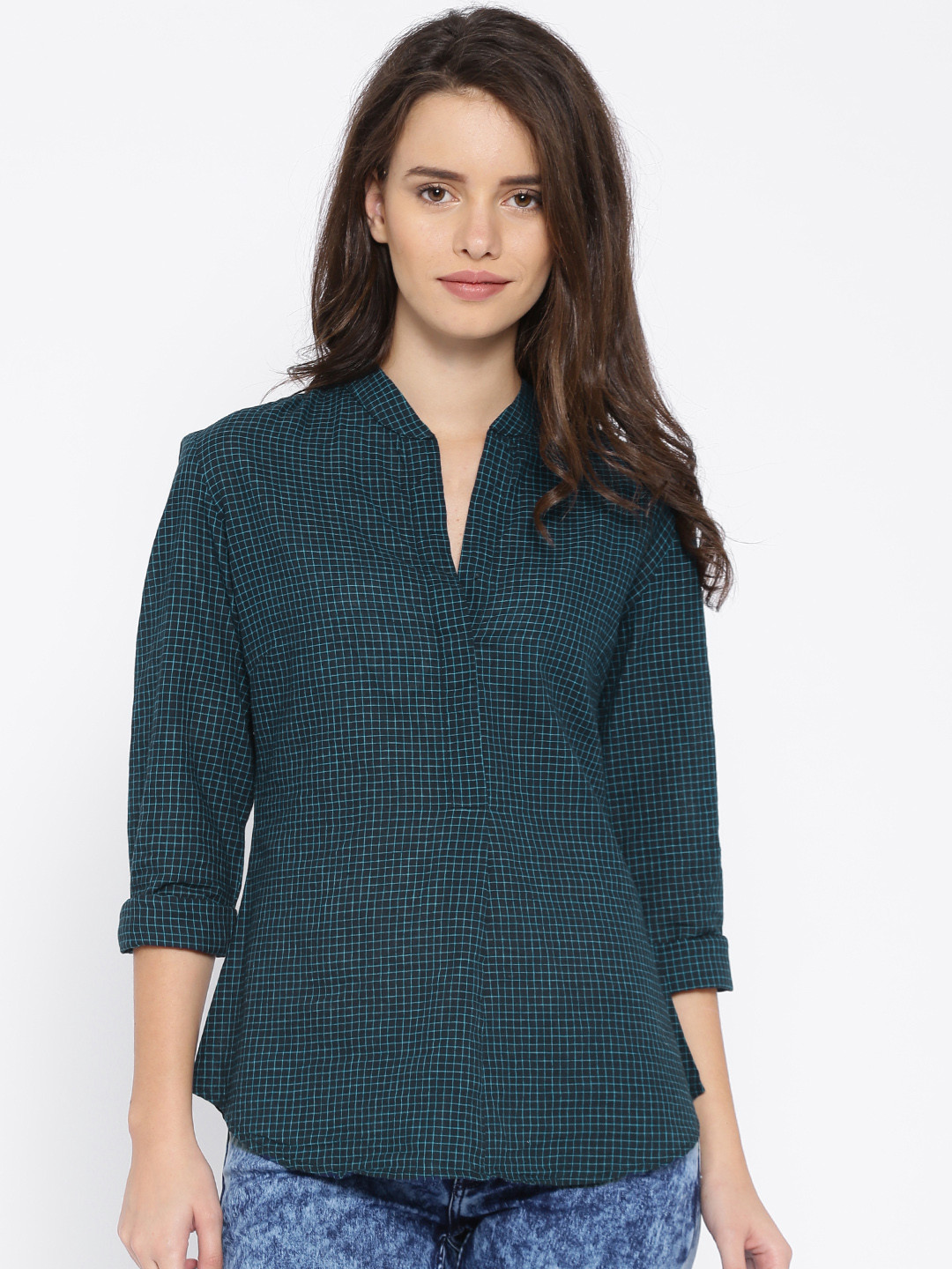 

Tokyo Talkies Navy Checked Pure Cotton Top, Navy blue