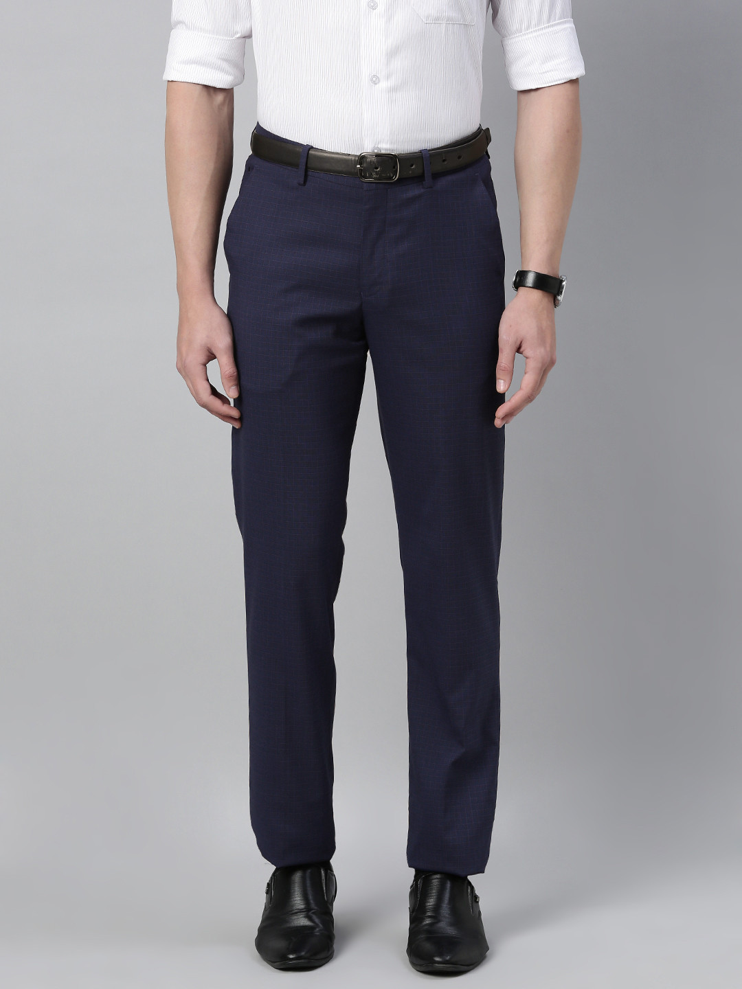 

Louis Philippe Men Navy Blue Slim Fit Checked Stretchable Regular Trousers