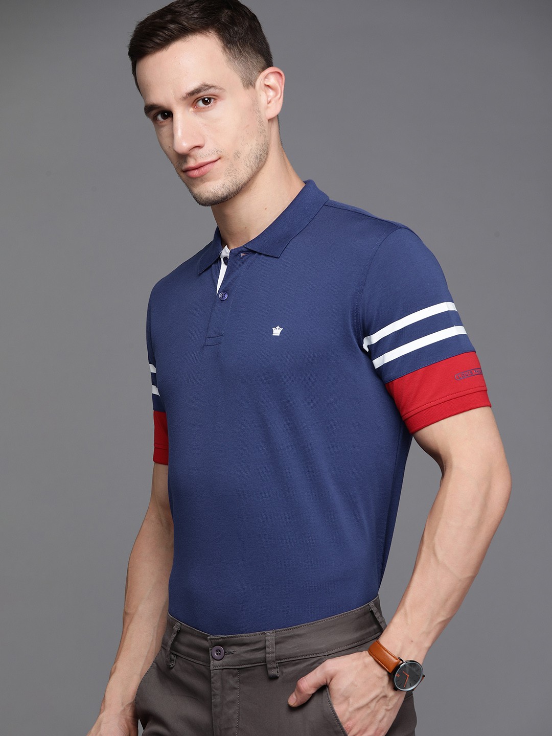 

Louis Philippe Men Navy Blue & Red Polo Collar Knitted T-shirt