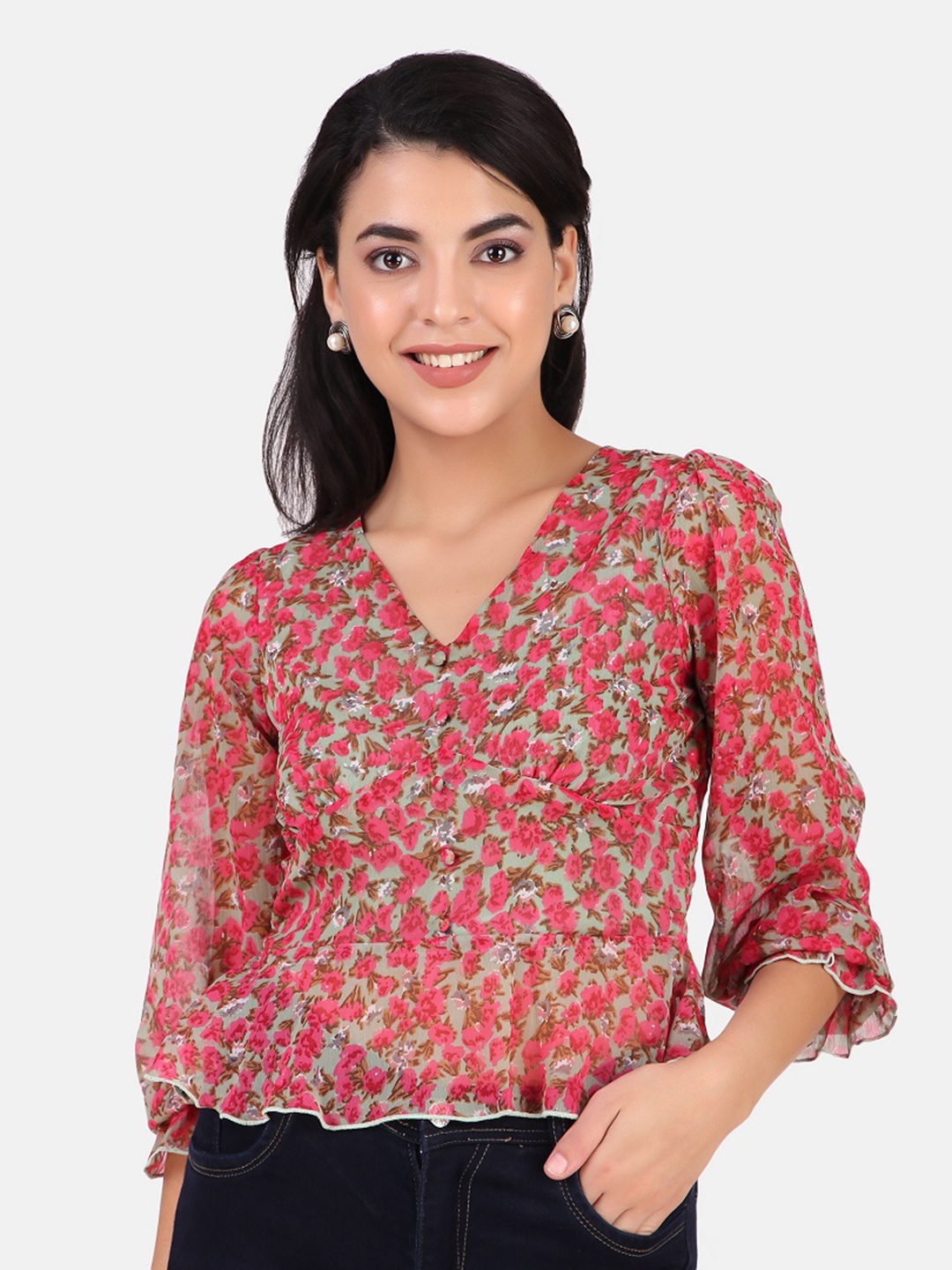 

ANVI Be Yourself Floral Printed Pink V Neck Puff Sleeve Chiffon Regular Top, Beige