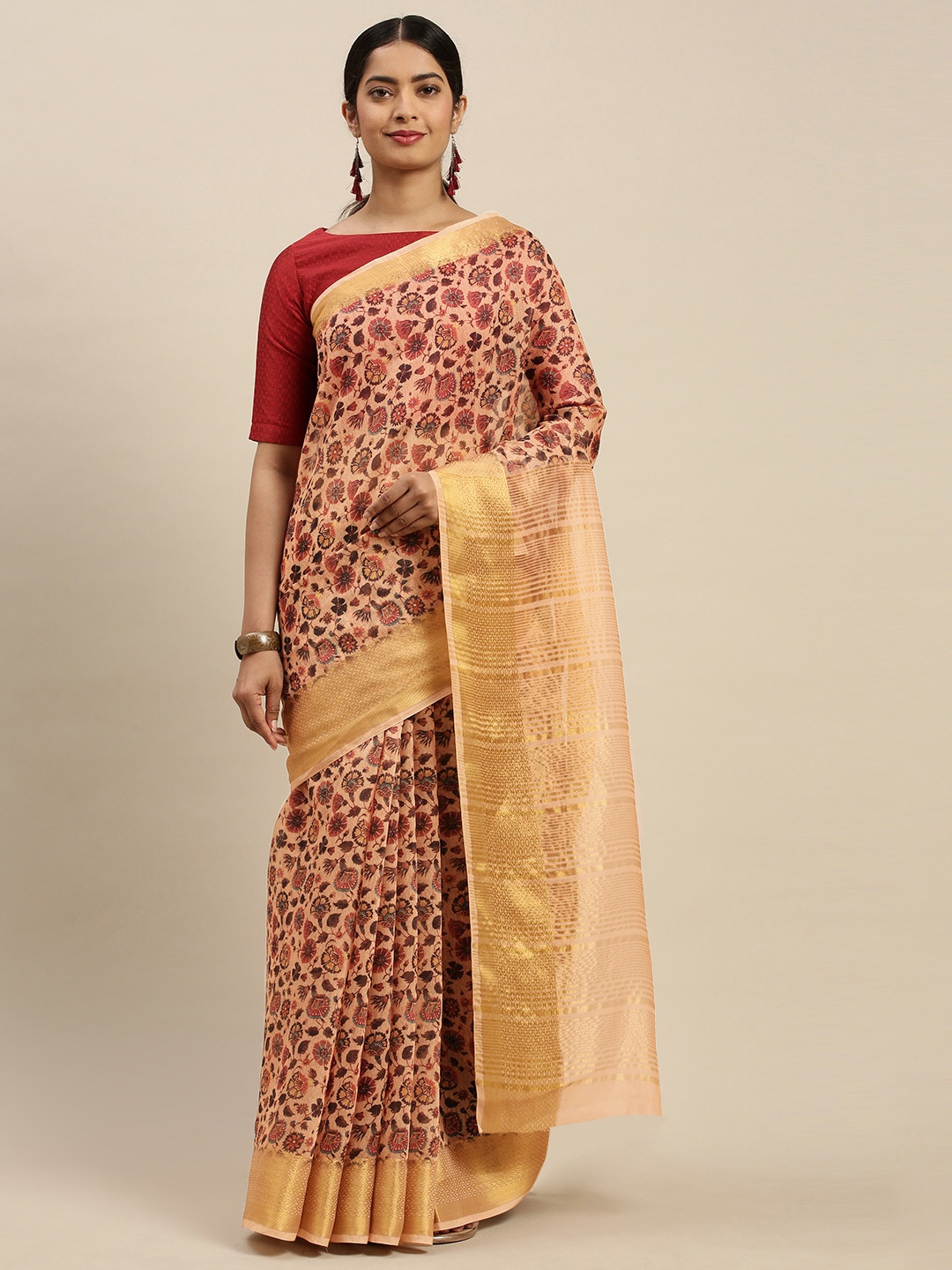 

Rajnandini Peach-Coloured & Rust Red Printed Saree