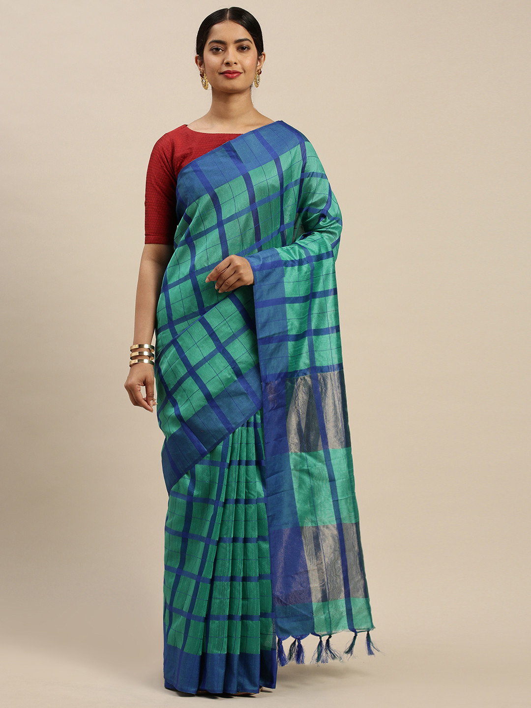 

Rajnandini Green & Blue Checks Printed Saree