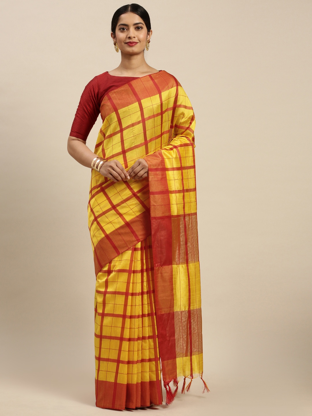 

Rajnandini Yellow & Red Checks Printed Saree