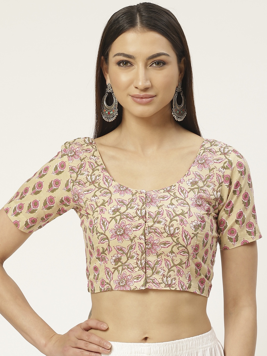 

Molcha Women Cream-Coloured & Pink Pure Cotton Printed Saree Blouse