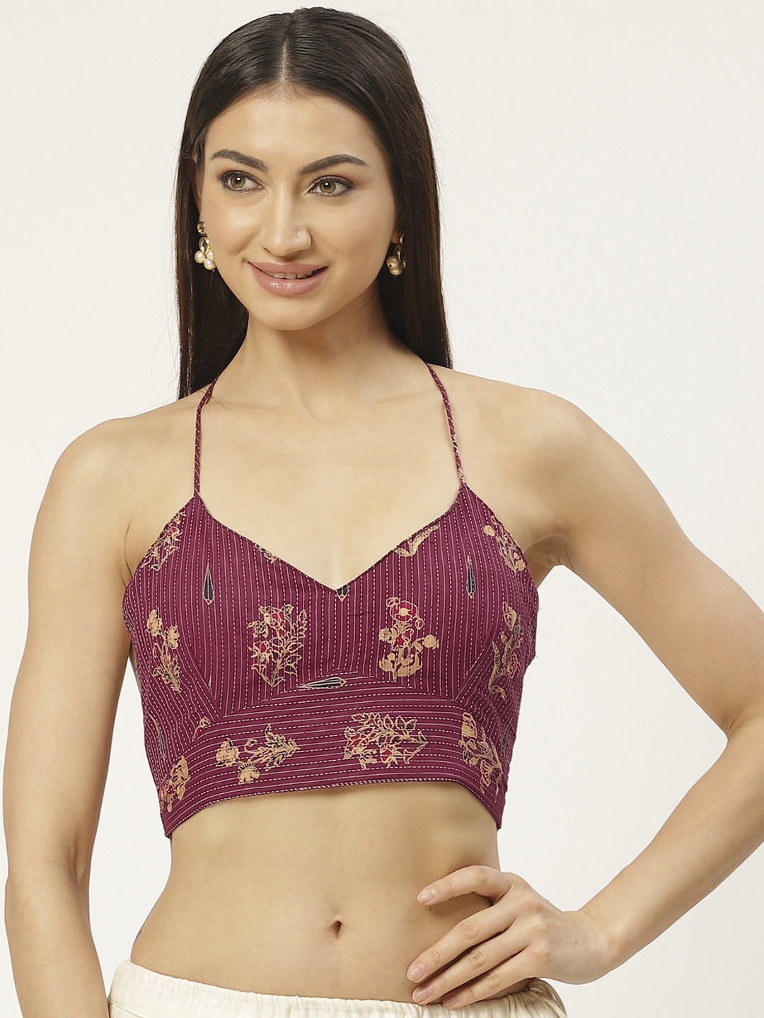 

Molcha Burgundy & Beige Pure Cotton Padded Printed Backless Saree Blouse