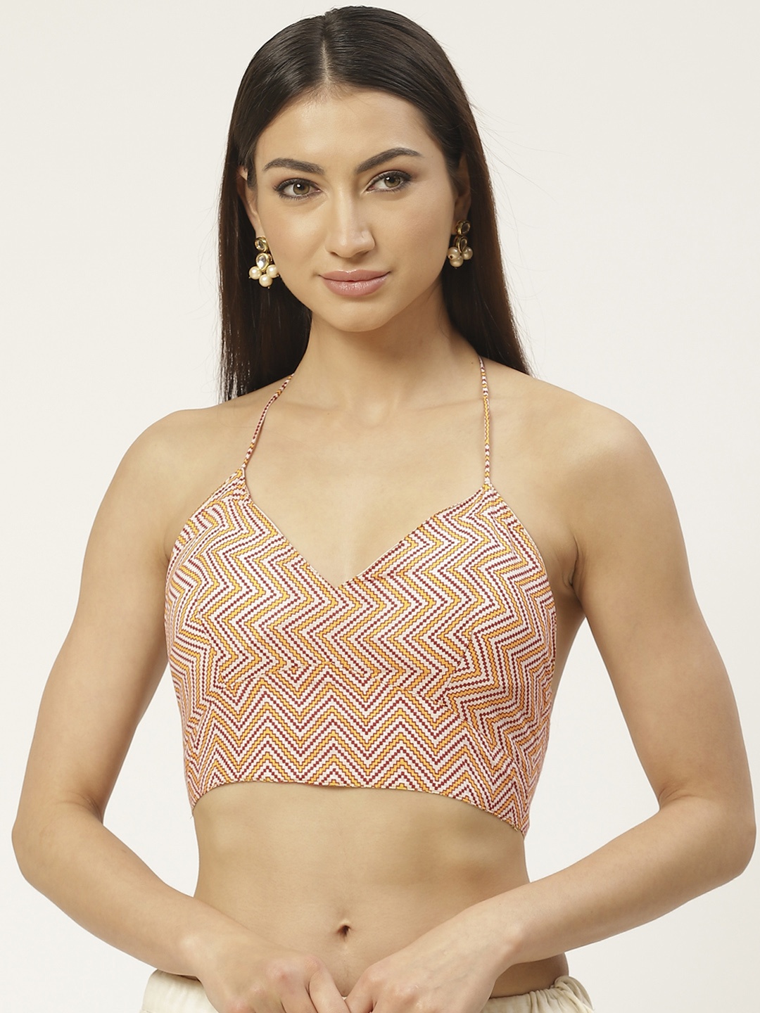 

Molcha White & Yellow Pure Cotton Padded Chevron Print Backless Saree Blouse