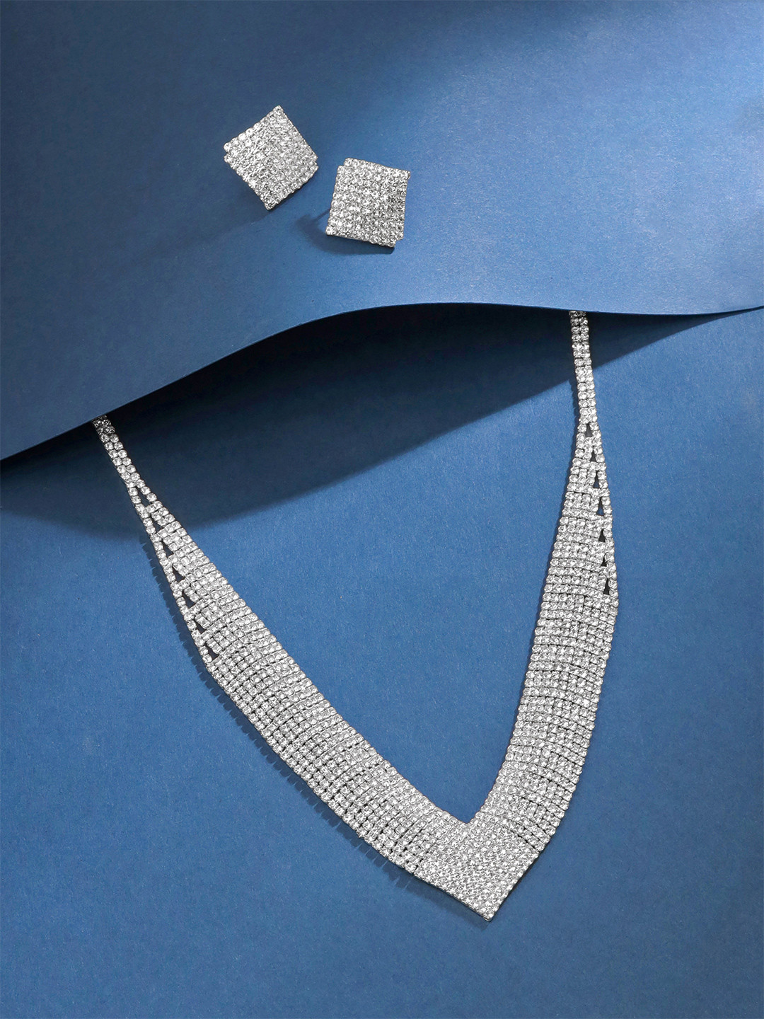 Yellow Chimes Rhodium-Plated Silver-Toned & White Crystal-Studded Jewellery Set