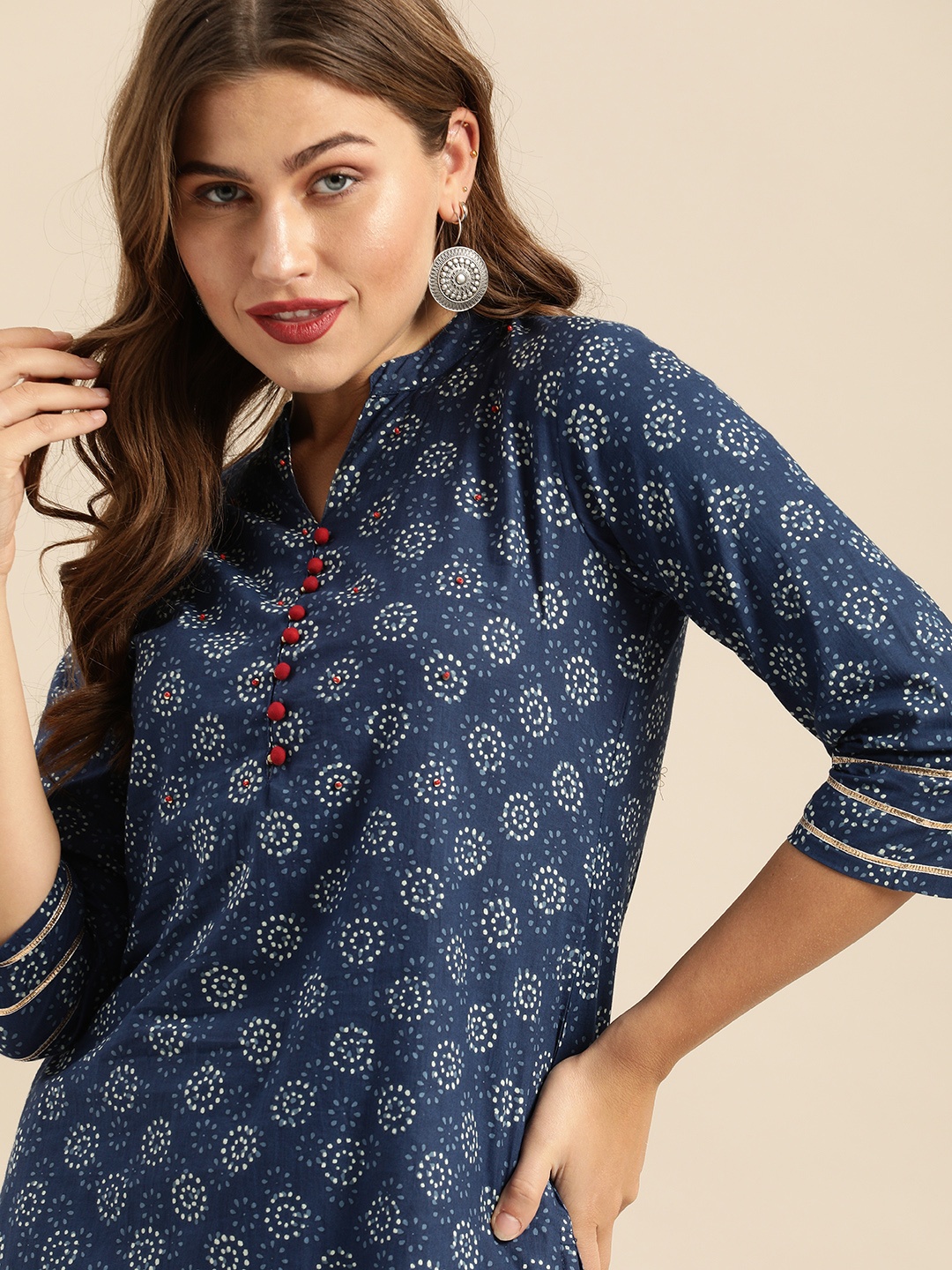 

Varanga Women Blue & White Printed Kurta With Embellished Detailing