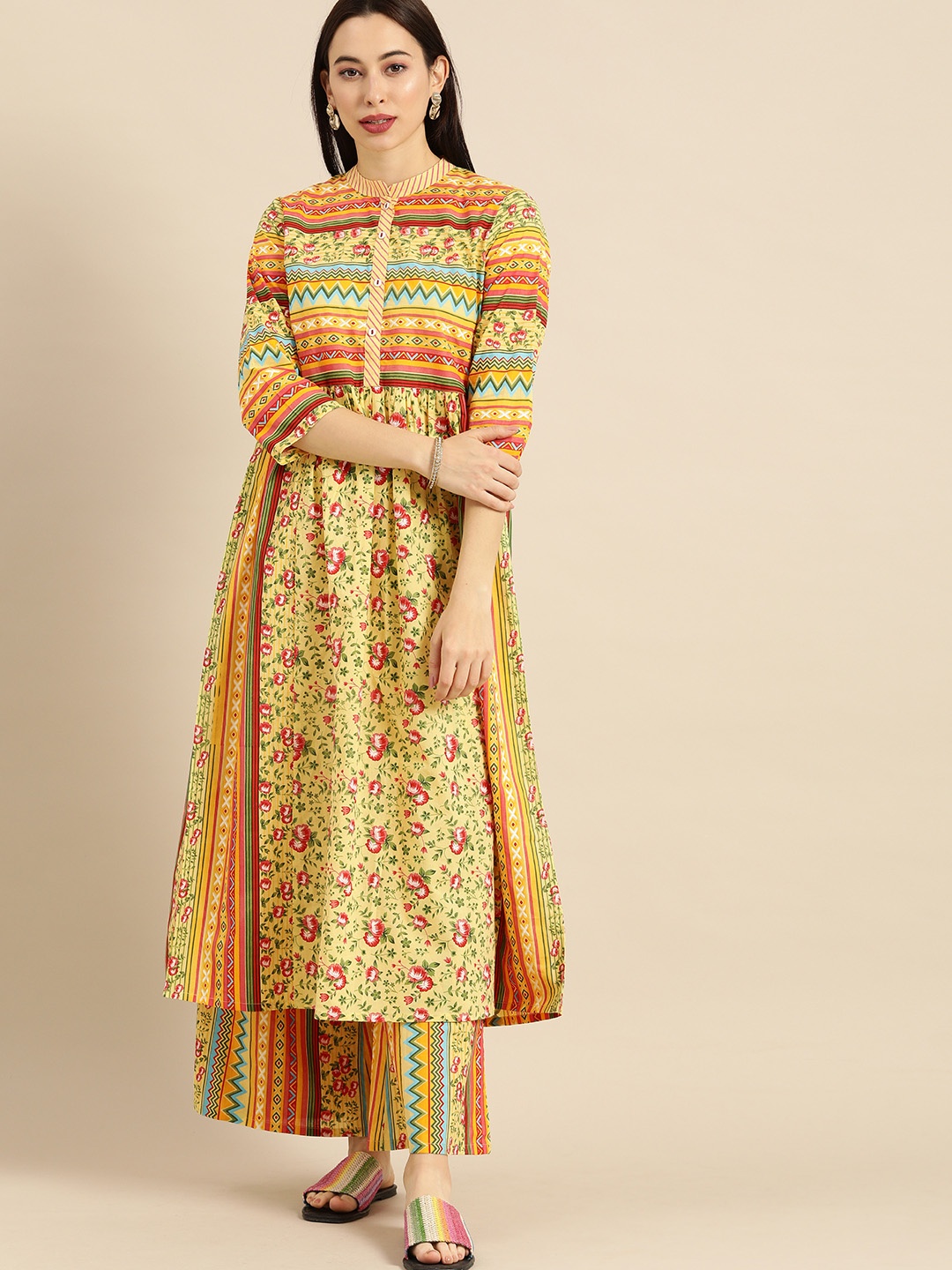 Varanga Women Mustard & Multicoloured Printed Kurta with Palazzos