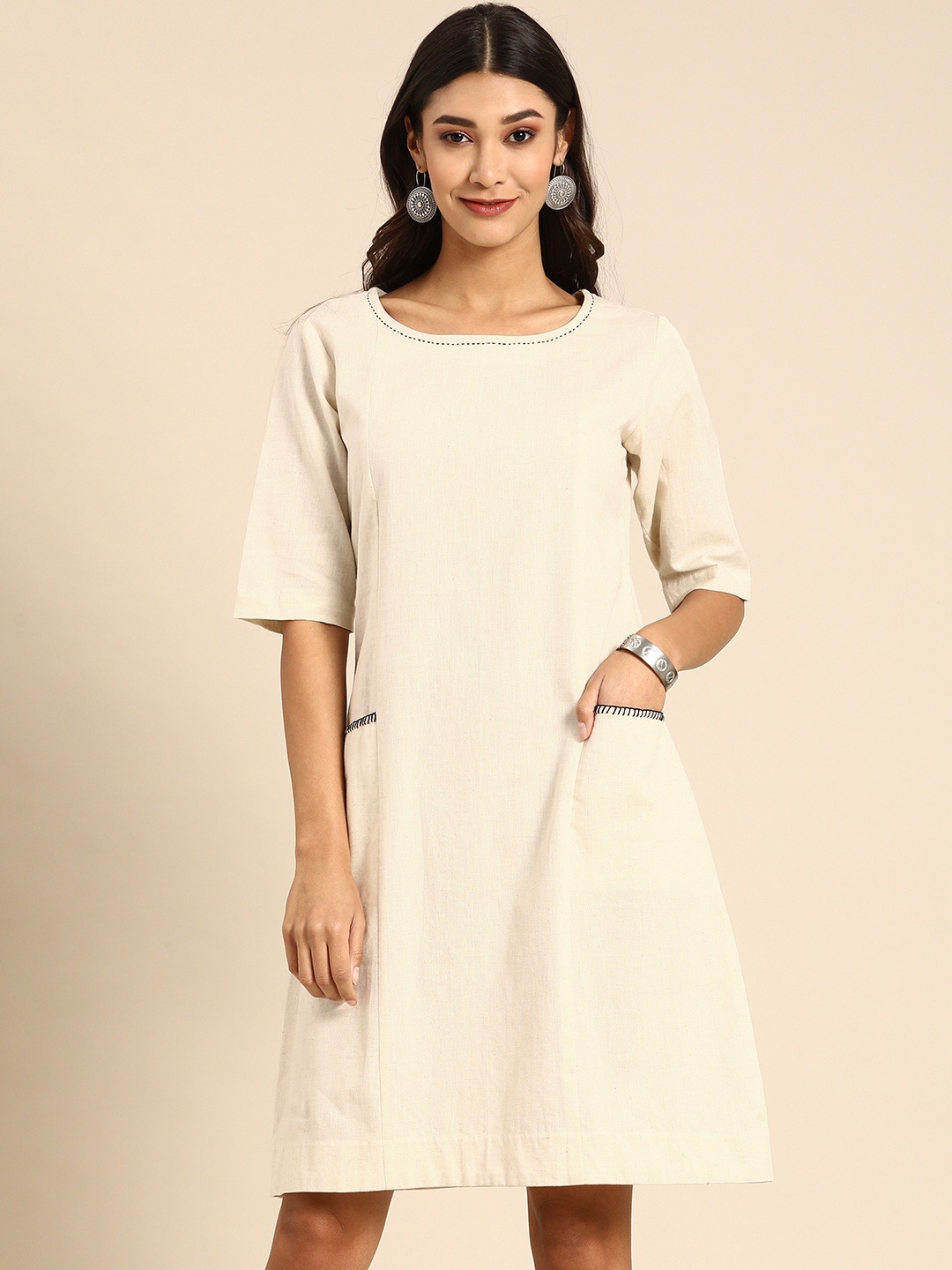 

Varanga Women Off-White Solid A-Line Panelled Dress with Pockets