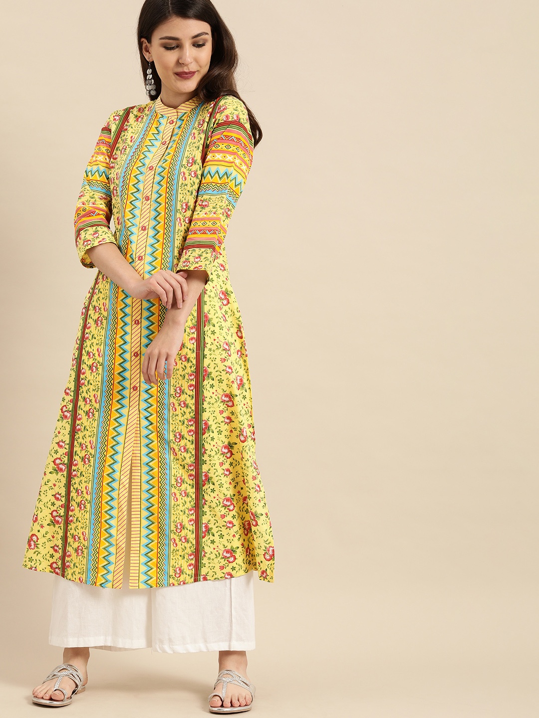 

Varanga Women Mustard Yellow & Blue Floral Printed Kurta
