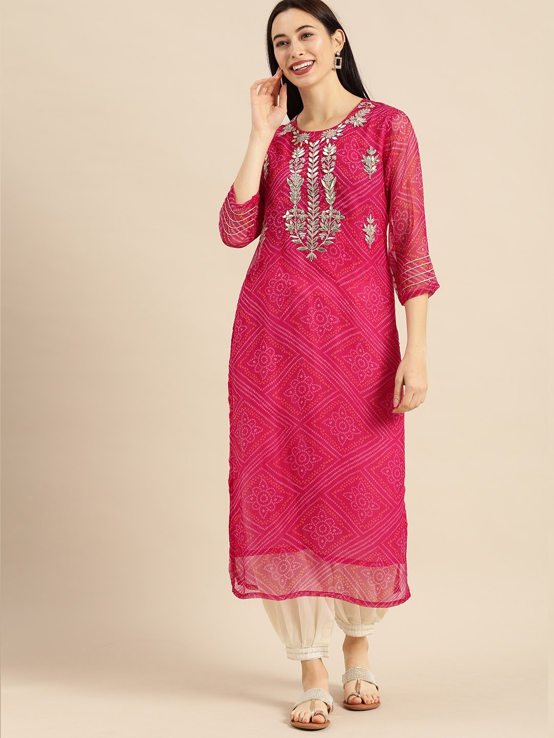 

Varanga Pink Bandhej Gotta Patti Embroidery Yoke Sequin Straight Kurta
