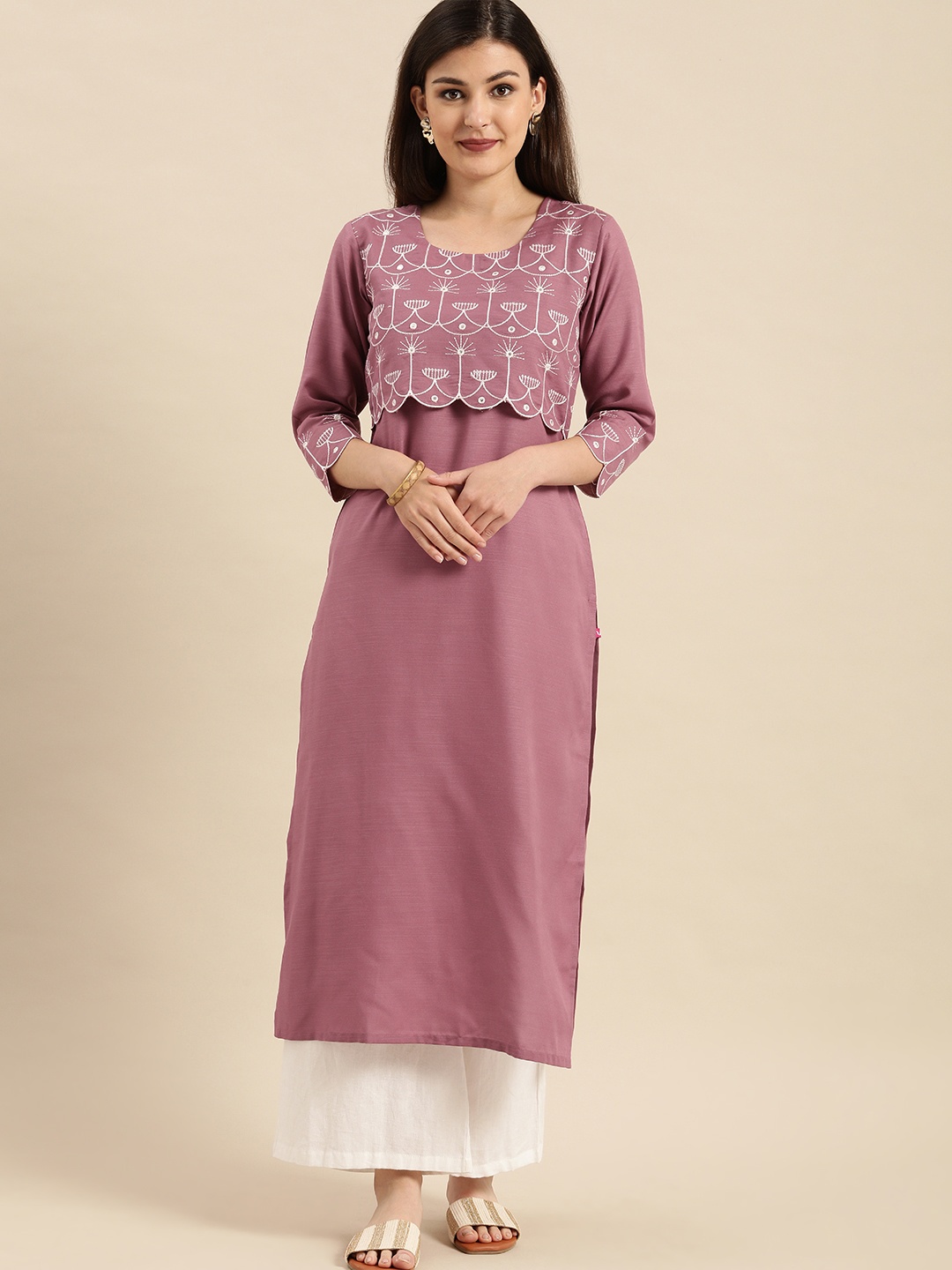 

Varanga Mauve Scallop Embroidery Silk Layered Straight Kurta