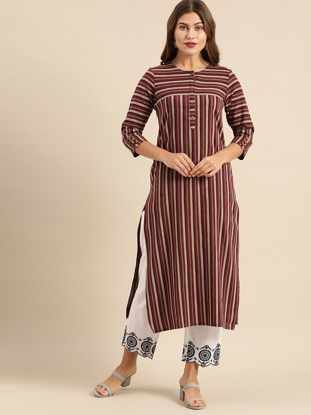 

Varanga Women Maroon & Beige Striped Pure Cotton Kurta