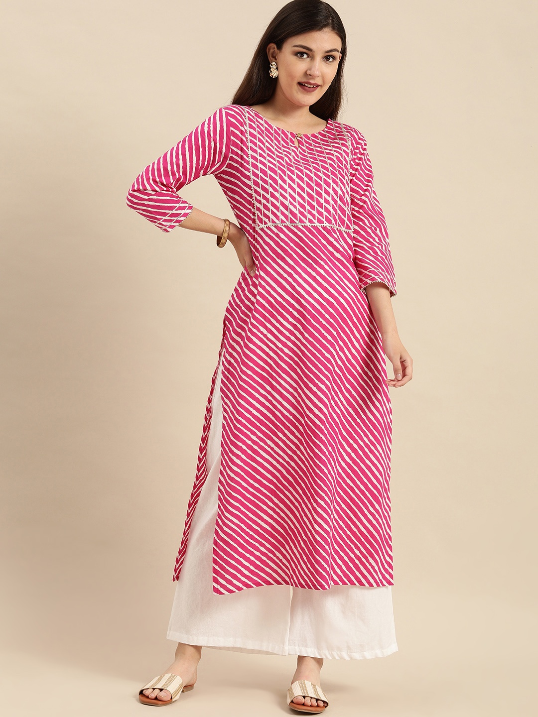 

Varanga Women Pink & White Leheriya Striped Keyhole Neck Pure Cotton Kurta