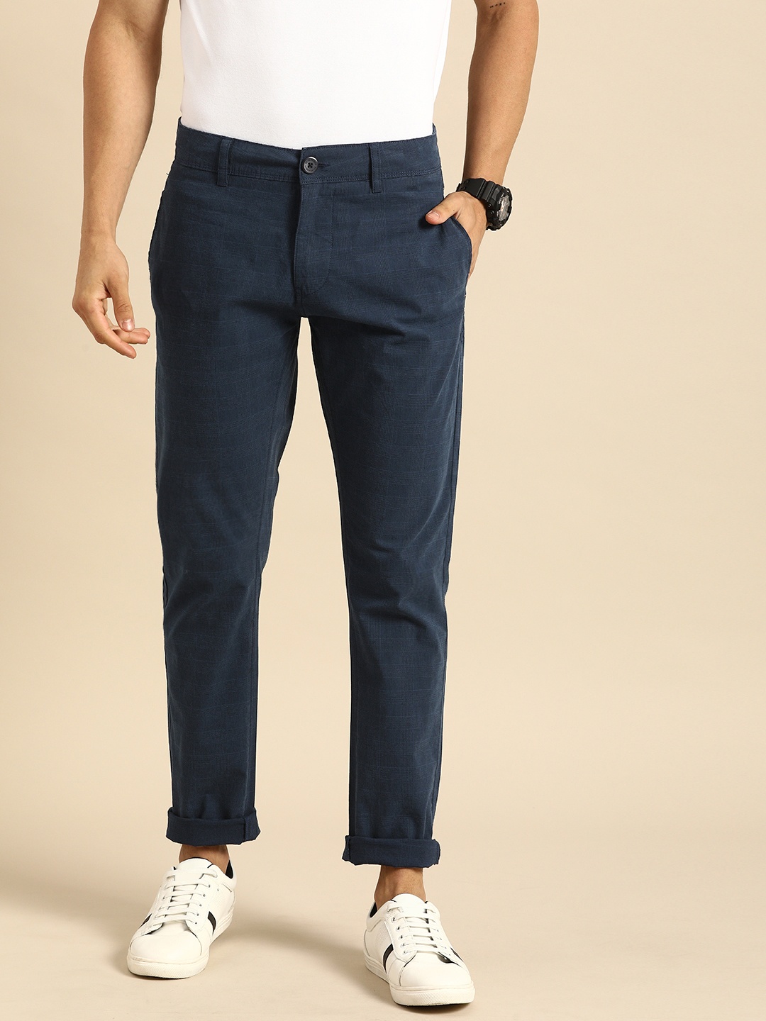 

Being Human Men Navy Blue Regular Fit Checked Chinos