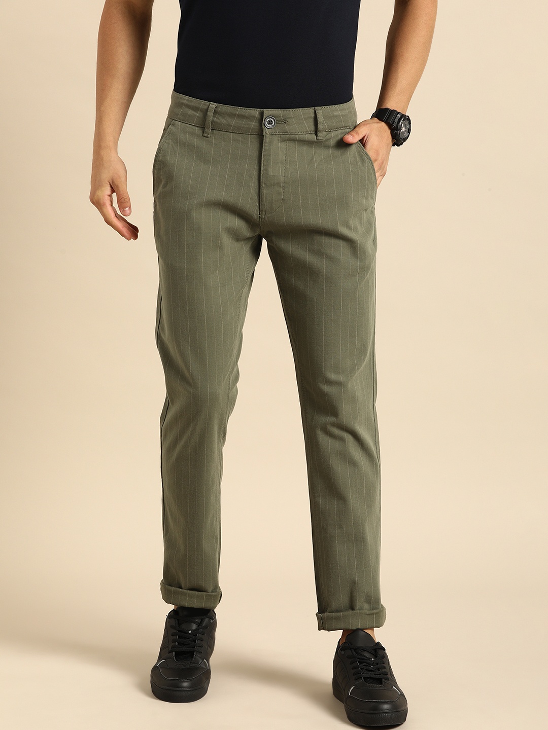 

Being Human Men Olive Green & Cream-Coloured Regular Fit Striped Chinos