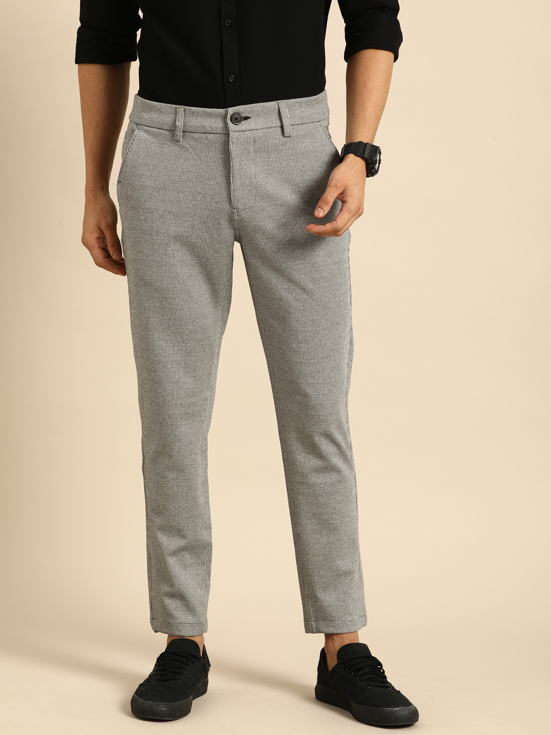 

Being Human Men Black & White Slim Fit Self Design Regular Trousers