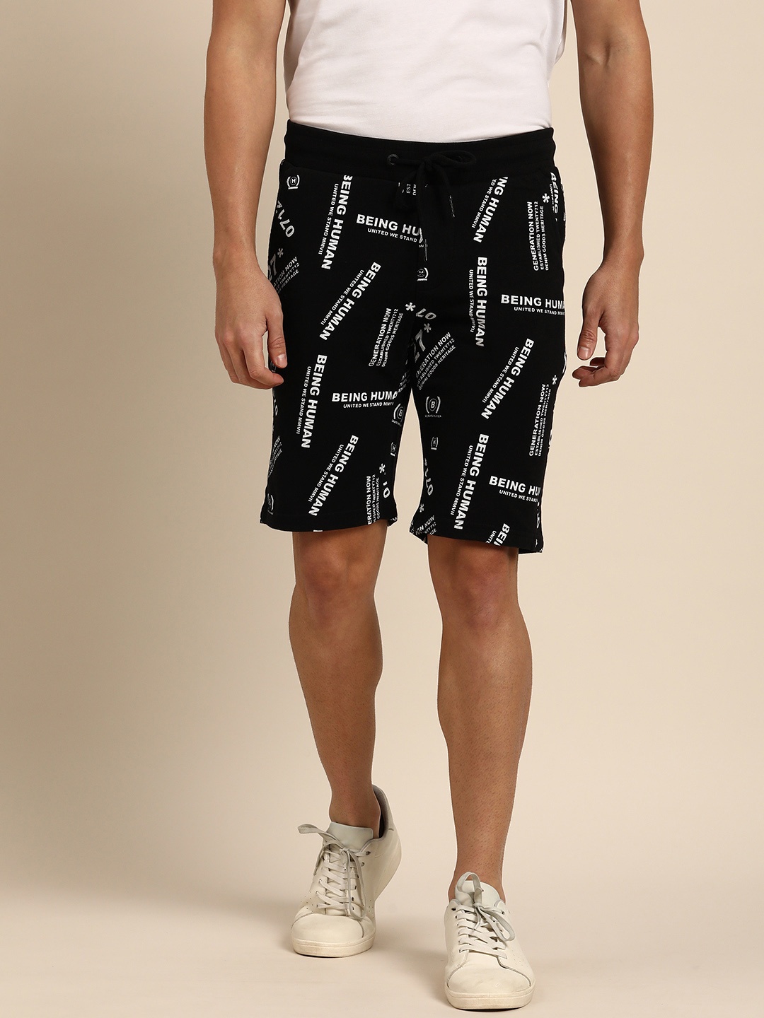 

Being Human Men Typography Printed Pure Cotton Regular Shorts, Black