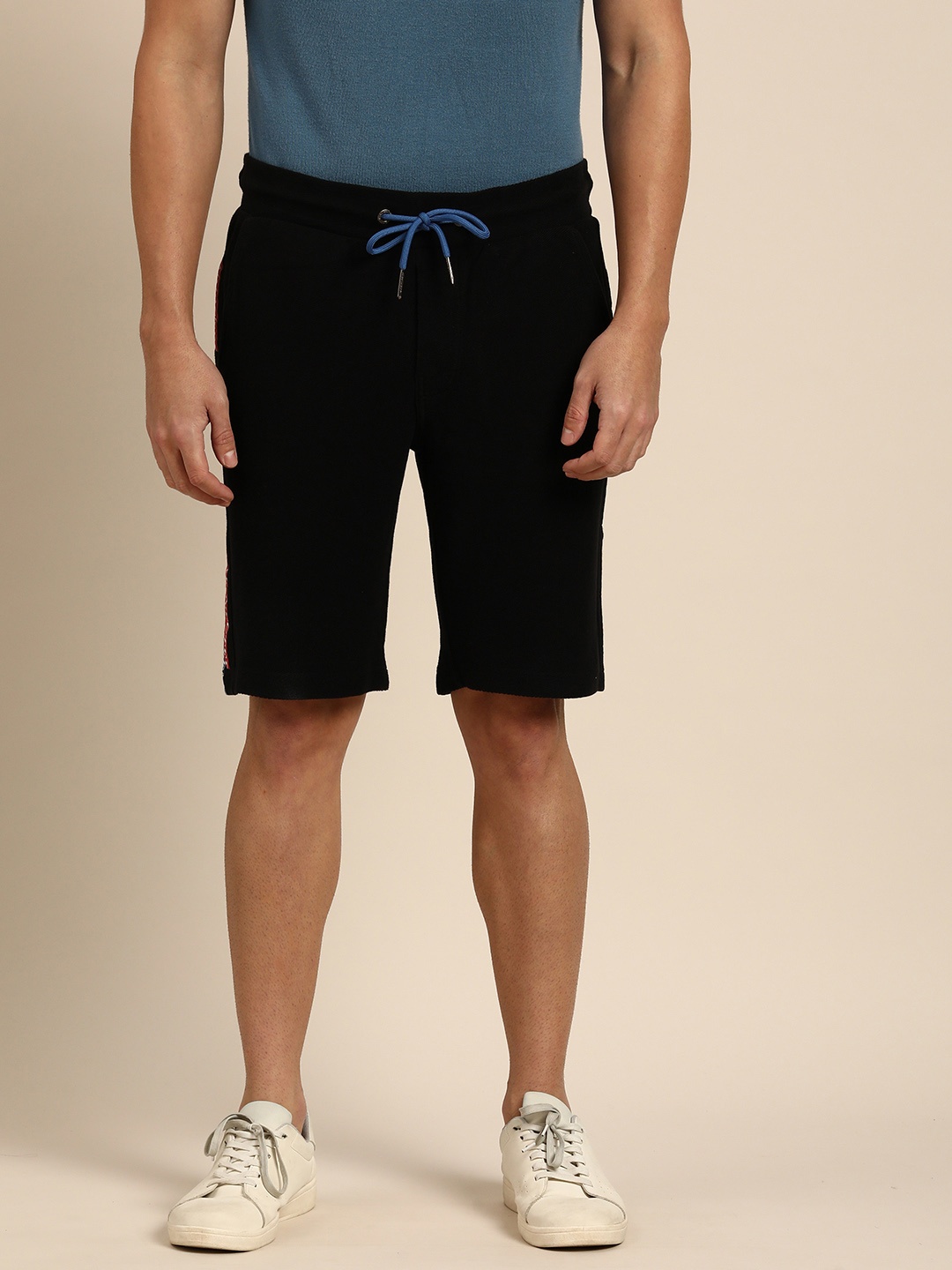 Being Human Men Solid Pure Cotton Shorts With Side Typography Details, Black