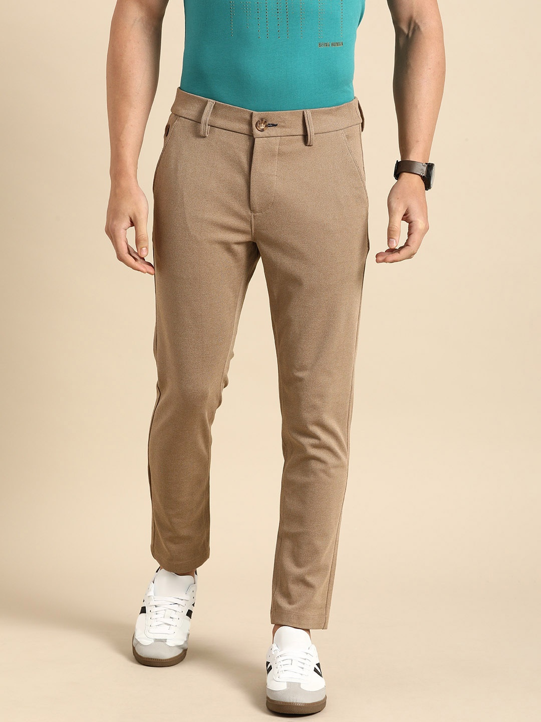 

Being Human Men Beige Cropped Fit Solid Regular Trousers
