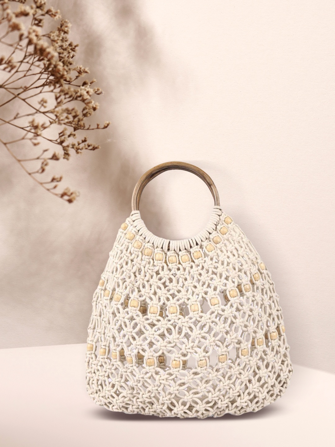

ASTRID White Macrane Handheld Bag with Wooden Handle