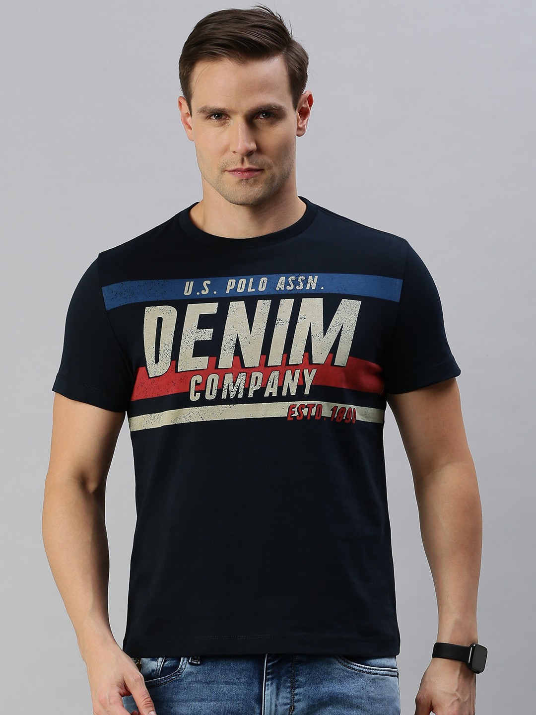 

U.S. Polo Assn. Denim Co. Men Navy Blue Printed Round Neck T-shirt