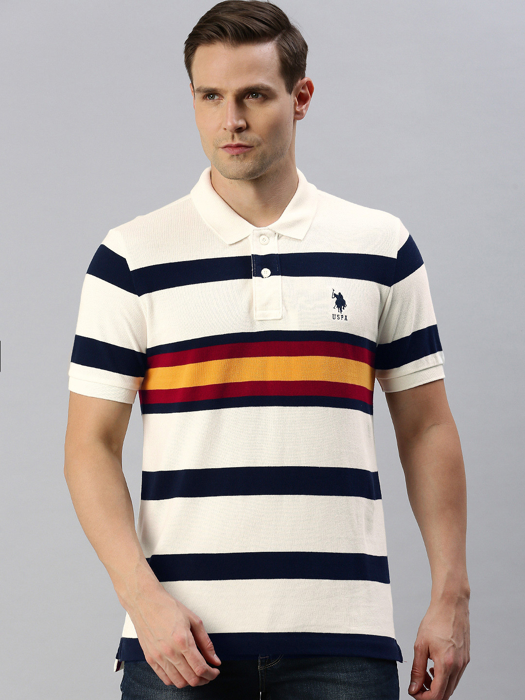 

U.S. Polo Assn. Men Off-White Navy Blue Striped Polo Collar Pure Cotton T-shirt