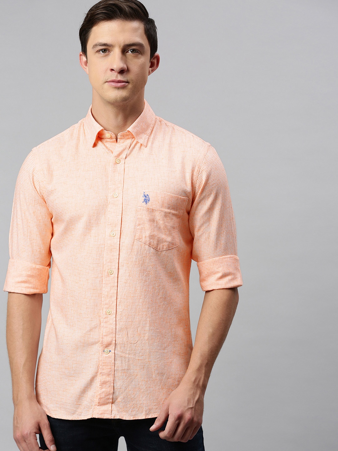 

U.S. Polo Assn. Men Peach-Coloured Tailored Fit Self Design Casual Shirt