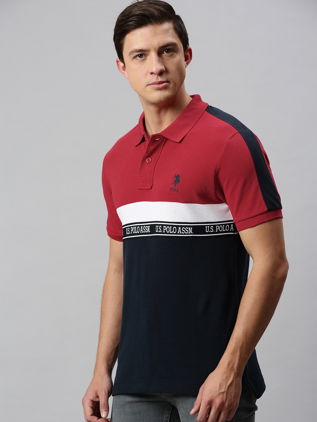 

U.S. Polo Assn. Men Red Black Colourblocked Polo Collar Pure Cotton T-shirt