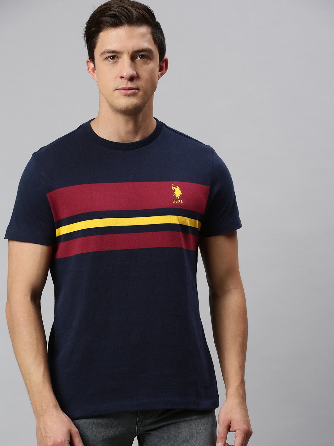 

U.S. Polo Assn. Men Blue & Red Striped Round Neck T-shirt