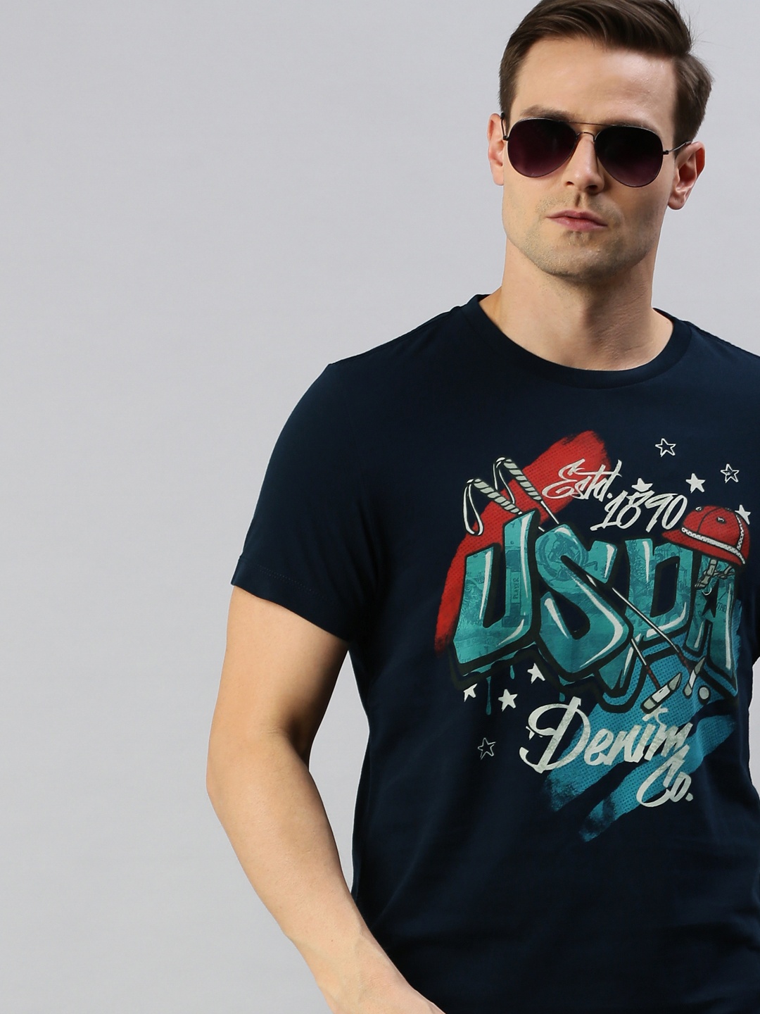 

U.S. Polo Assn. Denim Co. Men Navy Blue Printed Round Neck Pure Cotton T-shirt