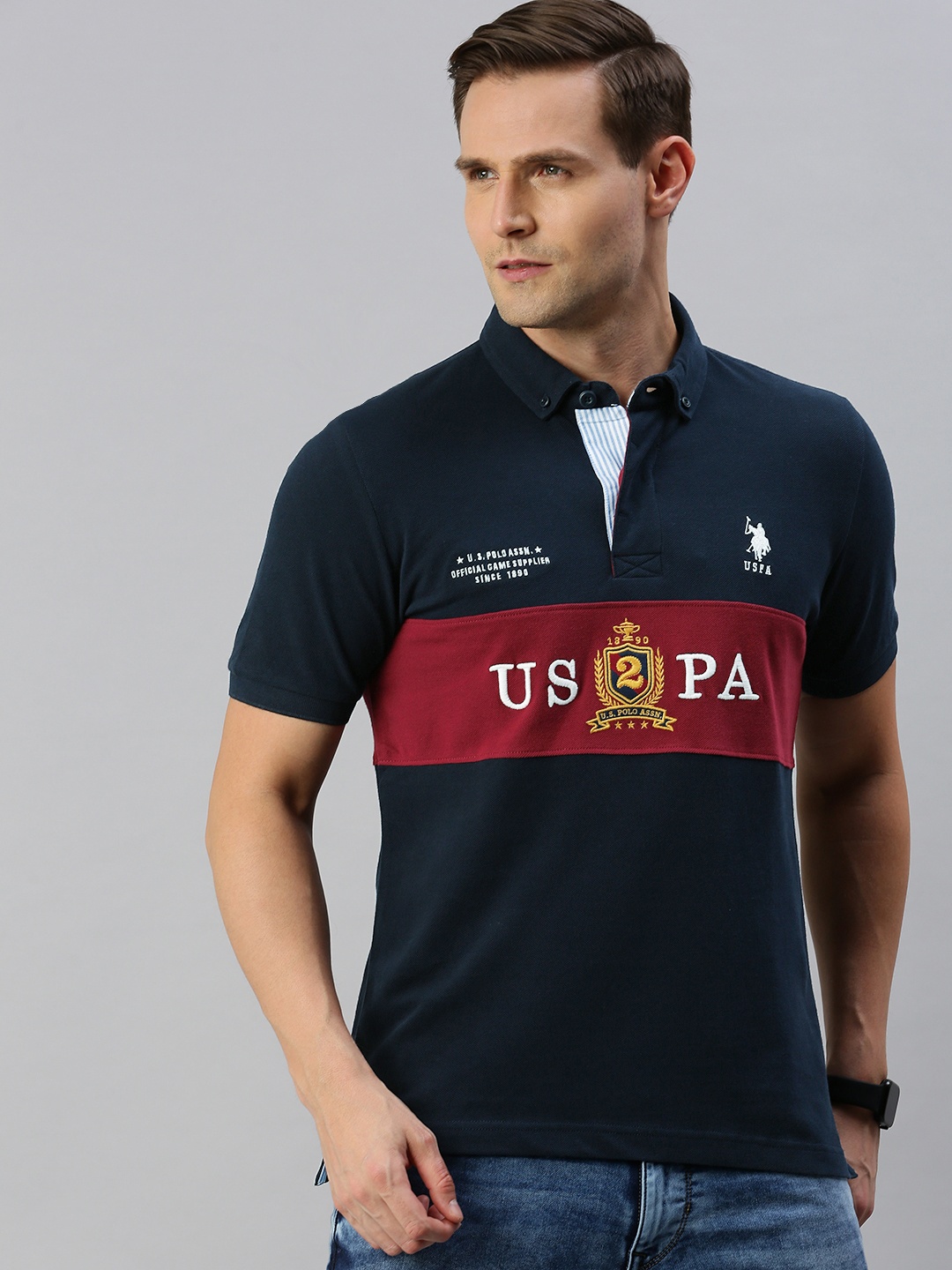 

U.S. Polo Assn. Men Navy Blue Embroidered Polo Collar Pure Cotton T-shirt