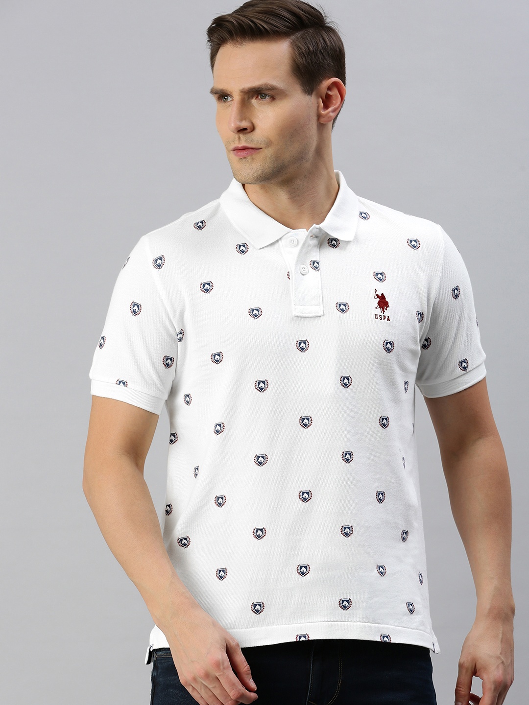 

U.S. Polo Assn. Men White Blue Printed Polo Collar Pure Cotton T-shirt