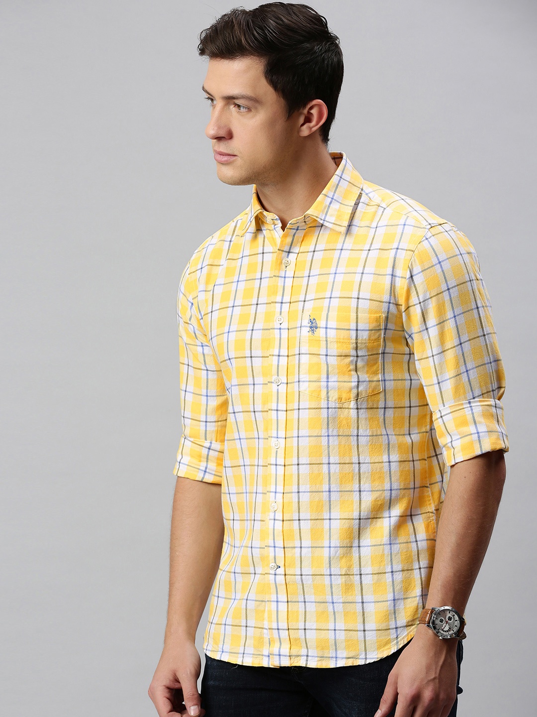 

U.S. Polo Assn. Men Yellow & White Tailored Fit Checked Casual Shirt