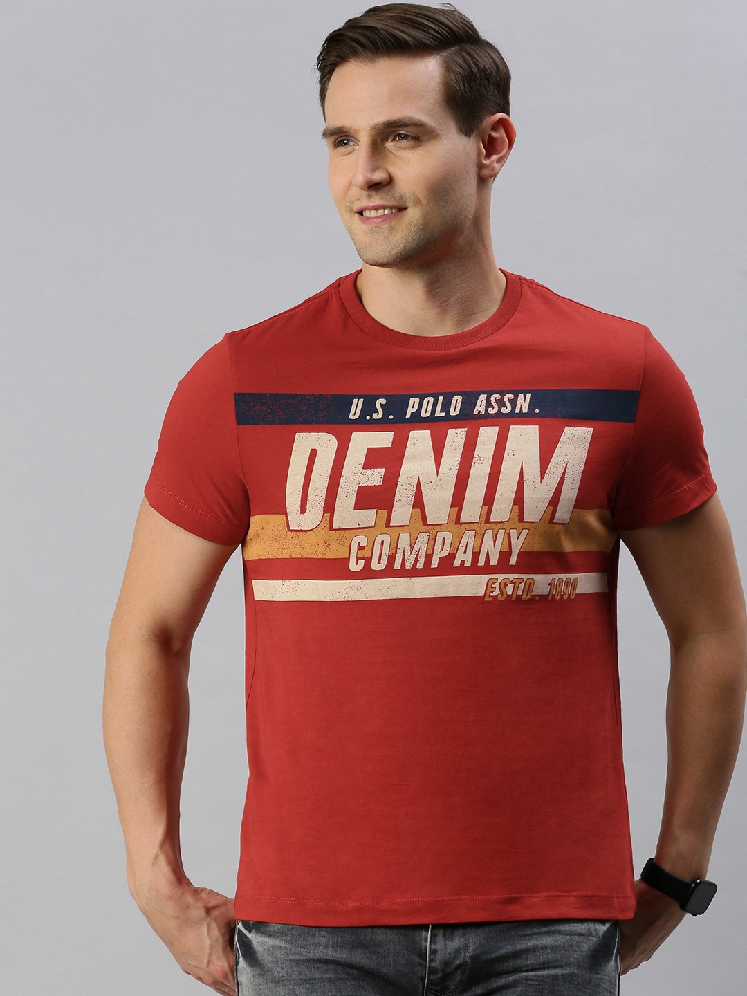 

U.S. Polo Assn. Denim Co. Men Red Printed Round Neck Pure Cotton T-shirt