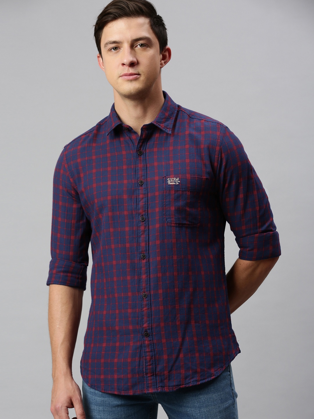 

U.S. Polo Assn. Denim Co. Men Navy Blue & Red Slim Fit Checked Casual Shirt