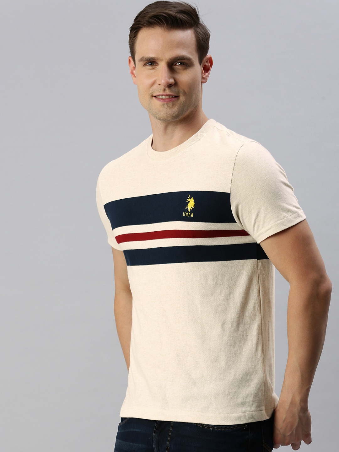 

U.S. Polo Assn. Men Off-White Navy Blue Striped Round Neck Pure Cotton T-shirt