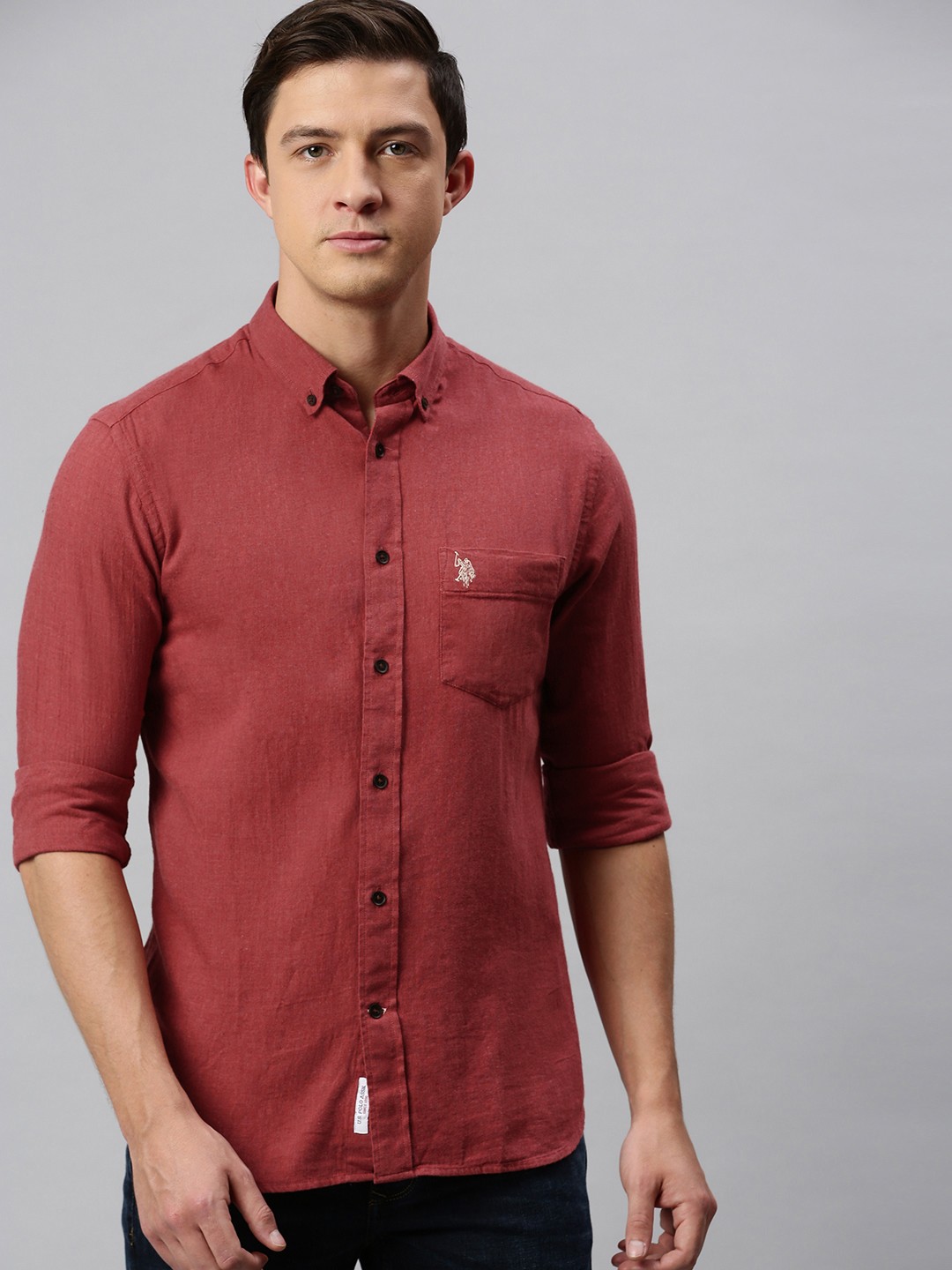 

U.S. Polo Assn. Men Maroon Tailored Fit Solid Casual Shirt