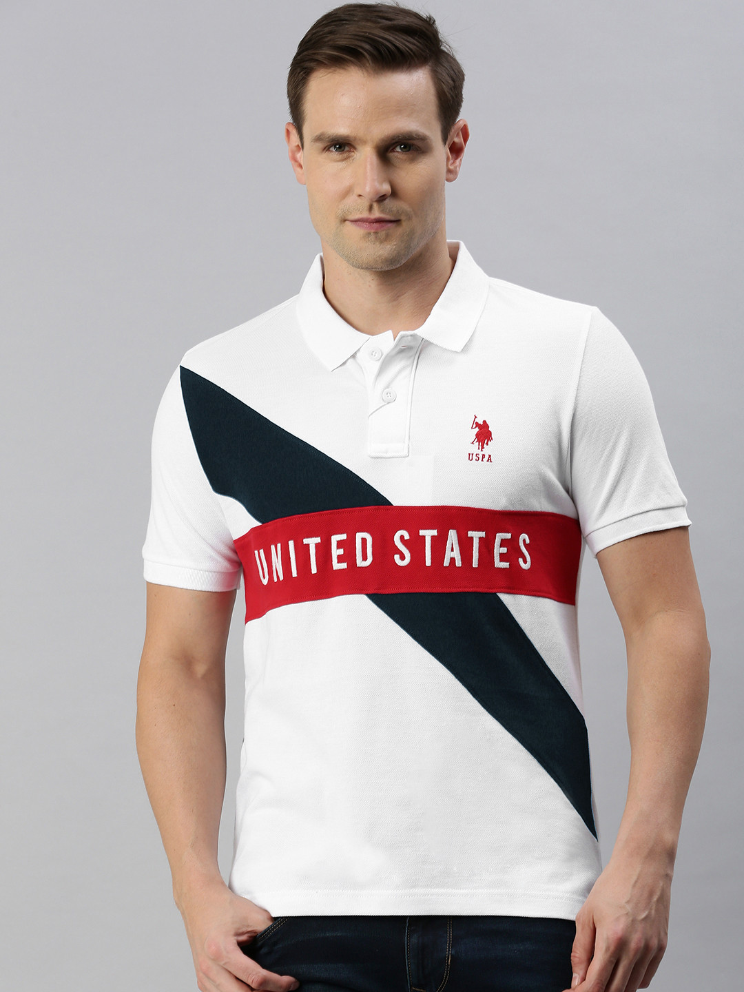 

U.S. Polo Assn. Men White Printed Polo Collar Pure Cotton T-shirt