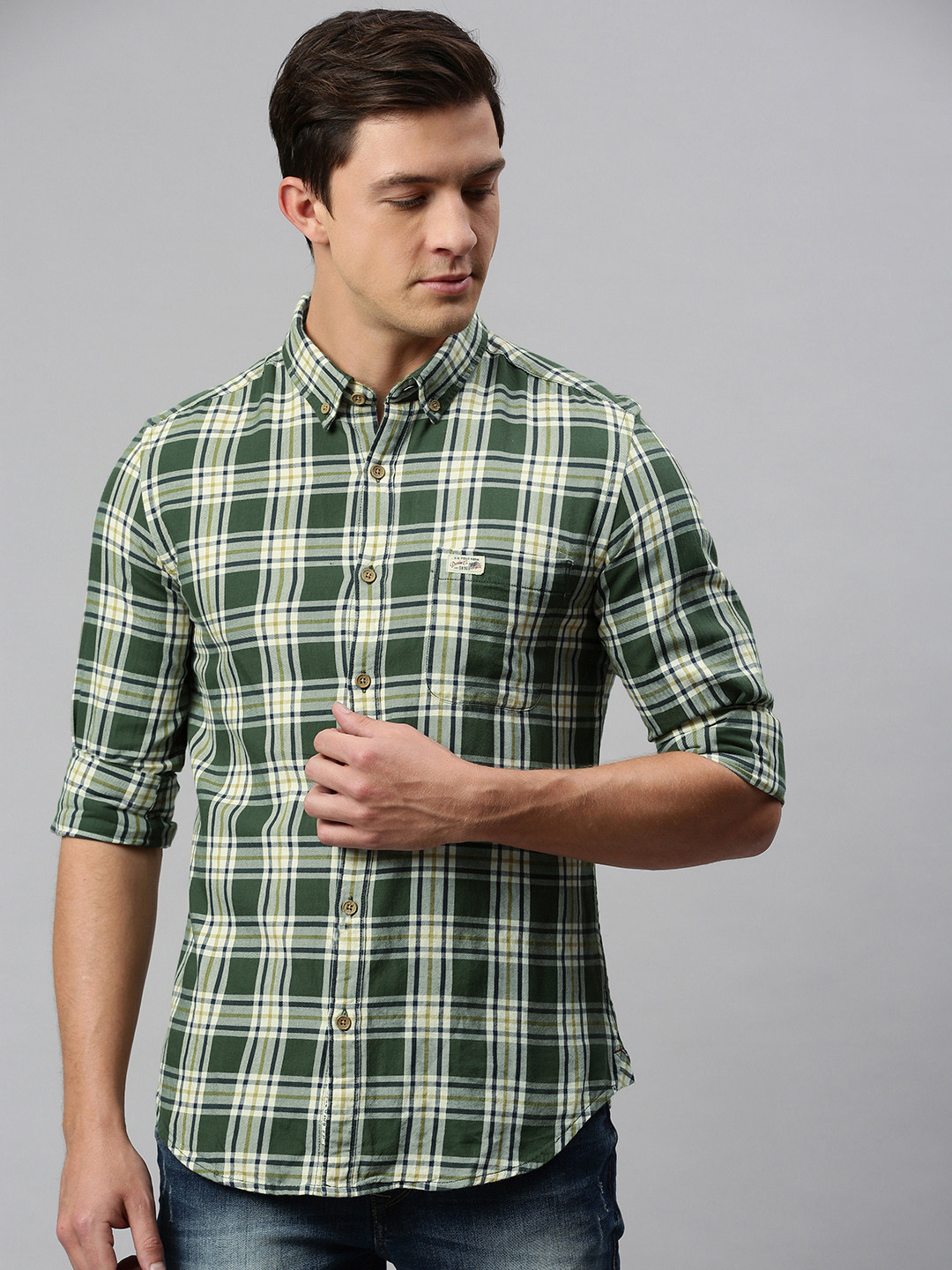 

U.S. Polo Assn. Men Olive Green & Yellow Slim Fit Checked Casual Shirt