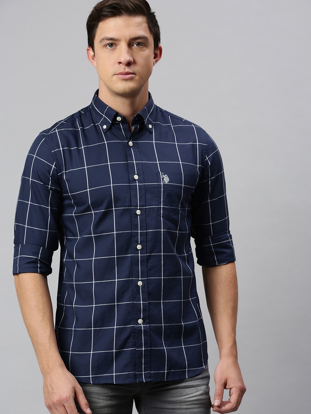 

U.S. Polo Assn. Men Blue & White Tailored Fit Checked Casual Shirt