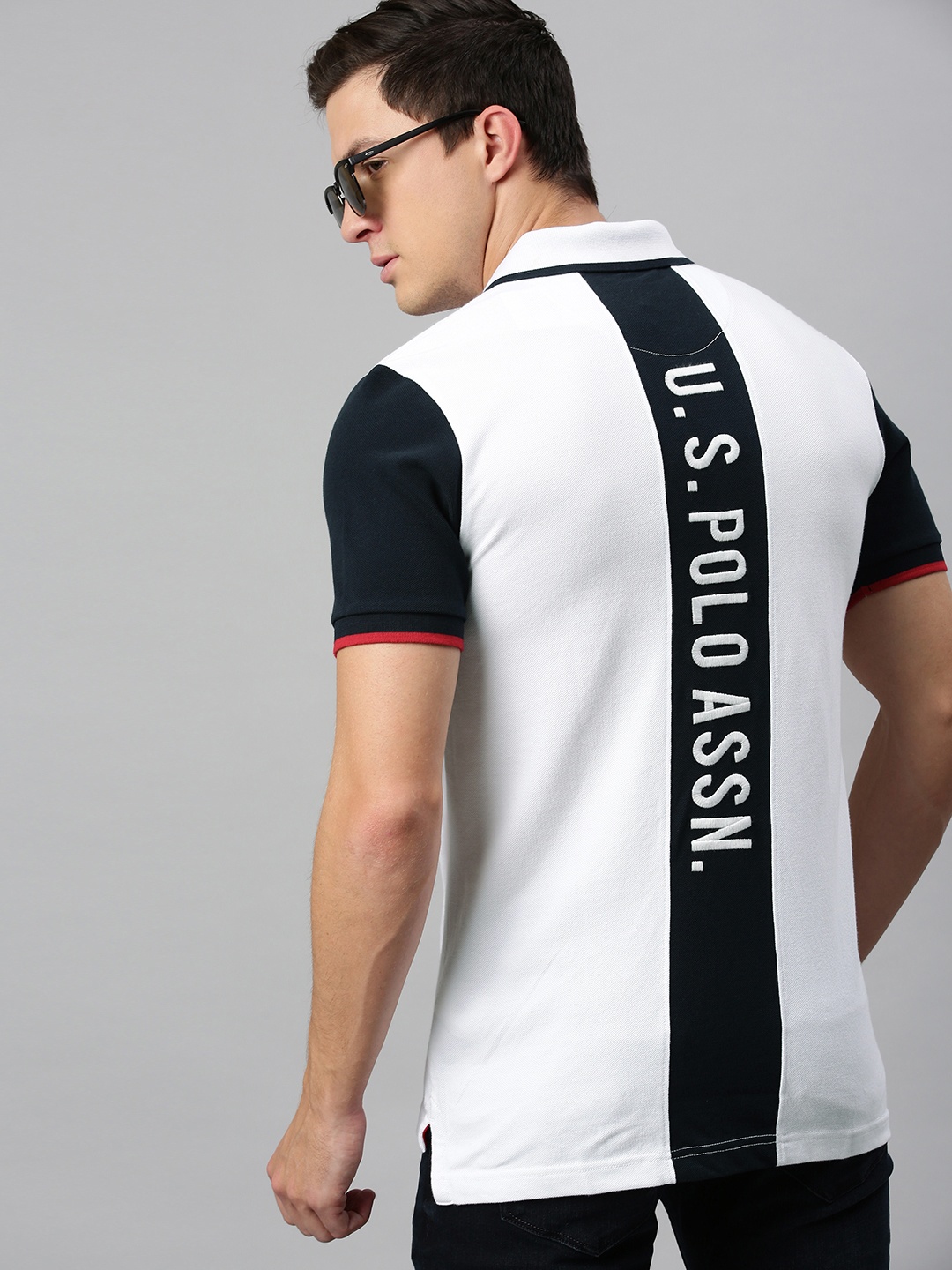 

U.S. Polo Assn. Men White Black Printed Polo Collar Pure Cotton T-shirt