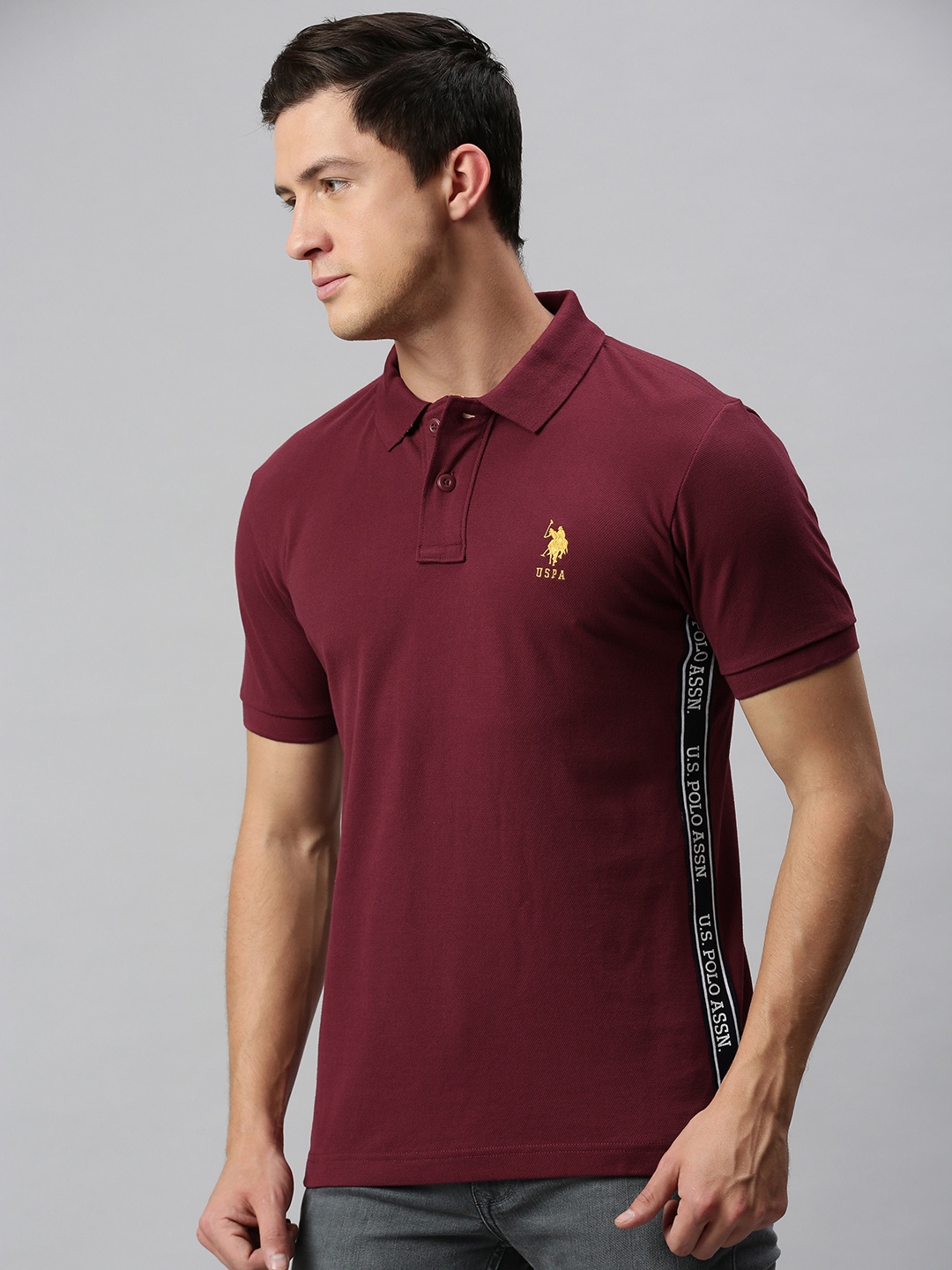

U.S. Polo Assn. Men Maroon Polo Collar Pure Cotton T-shirt With Printed Sides