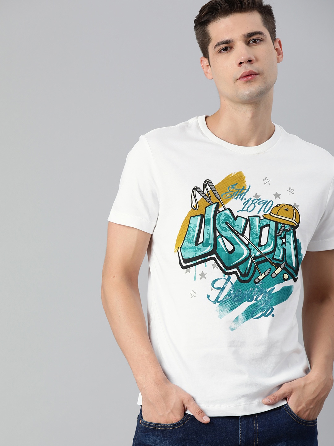

U S Polo Assn Denim Co Men White & Blue Brand Logo Print Pure Cotton T-shirt