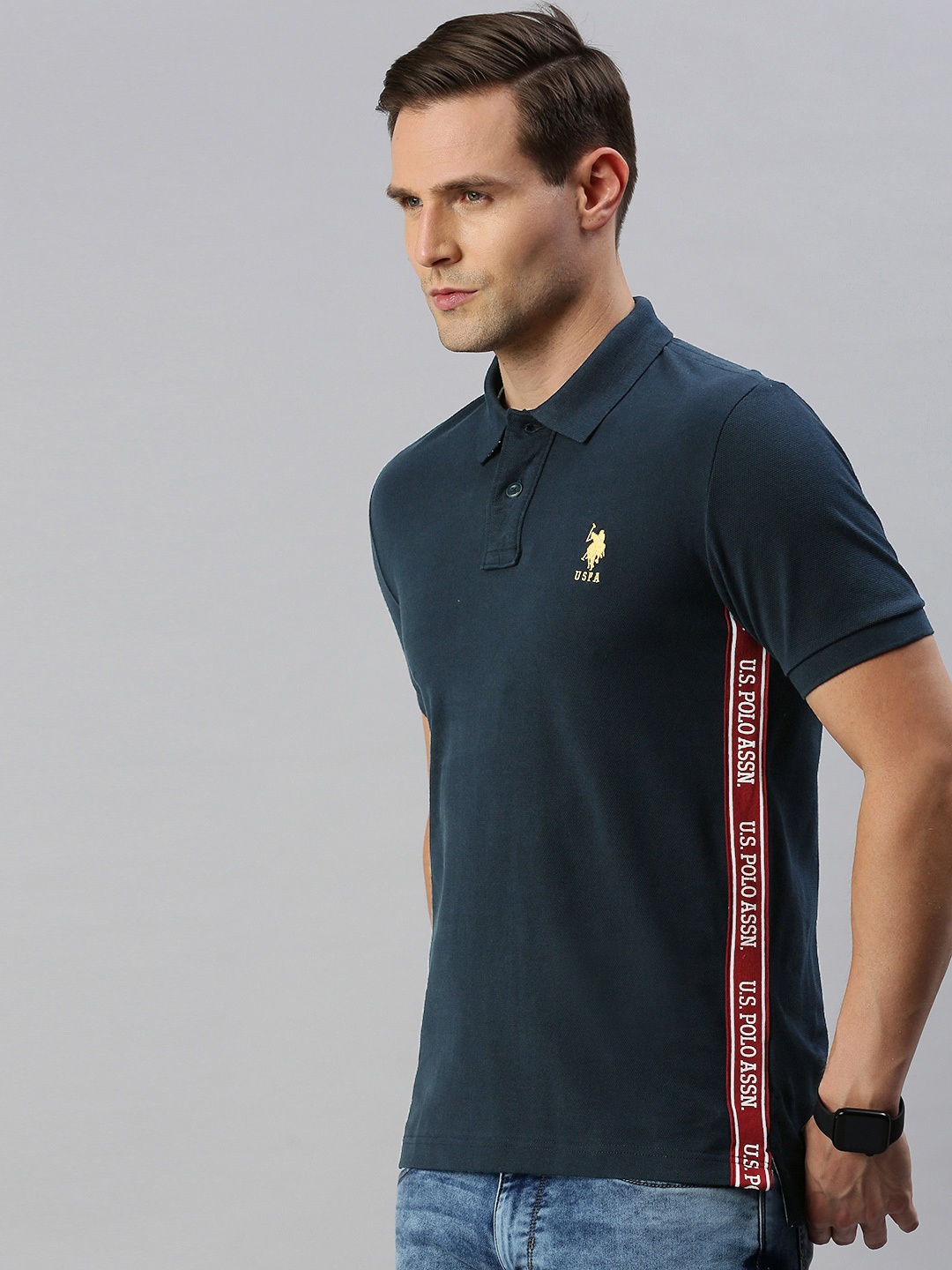 

U.S. Polo Assn. Men Navy Blue Solid Polo Collar Pure Cotton T-shirt with Side Stripes